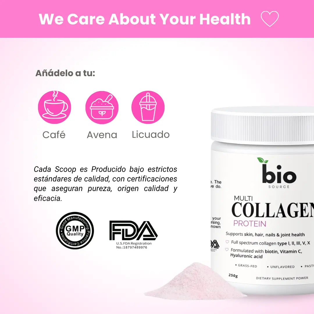 Multi Colageno I, II, III, V, X 10g Proteina en cada Scoop Formulado con Biotina, Acido Hyaluronico y Vitamina C - Bio Source