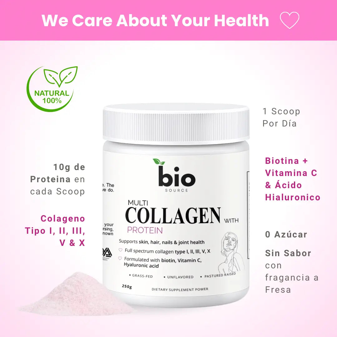 Multi Colageno I, II, III, V, X 10g Proteina en cada Scoop Formulado con Biotina, Acido Hyaluronico y Vitamina C - Bio Source