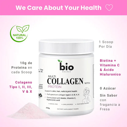 Multi Colageno I, II, III, V, X 10g Proteina en cada Scoop Formulado con Biotina, Acido Hyaluronico y Vitamina C - Bio Source