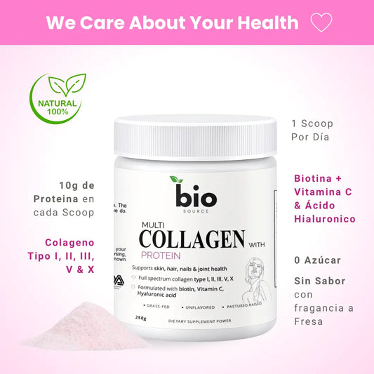 Multi Colageno I, II, III, V, X 10g Proteina en cada Scoop Formulado con Biotina, Acido Hyaluronico y Vitamina C - Bio Source