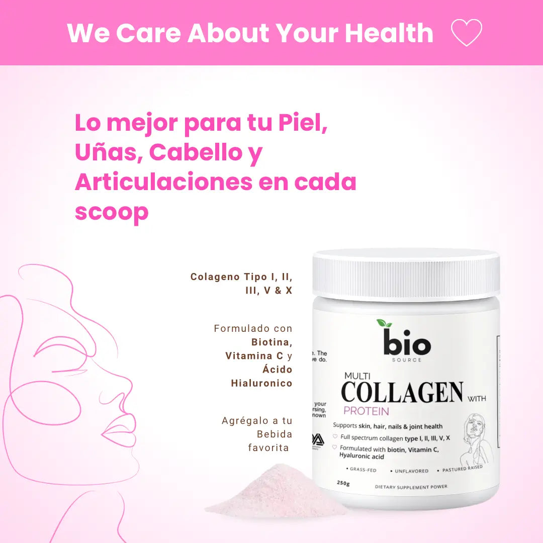 Multi Colageno I, II, III, V, X 10g Proteina en cada Scoop Formulado con Biotina, Acido Hyaluronico y Vitamina C - Bio Source