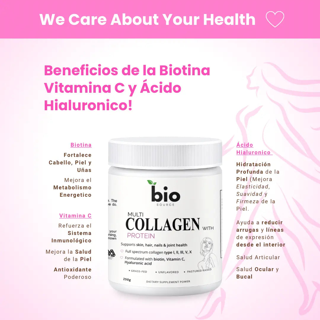 Multi Colageno I, II, III, V, X 10g Proteina en cada Scoop Formulado con Biotina, Acido Hyaluronico y Vitamina C - Bio Source