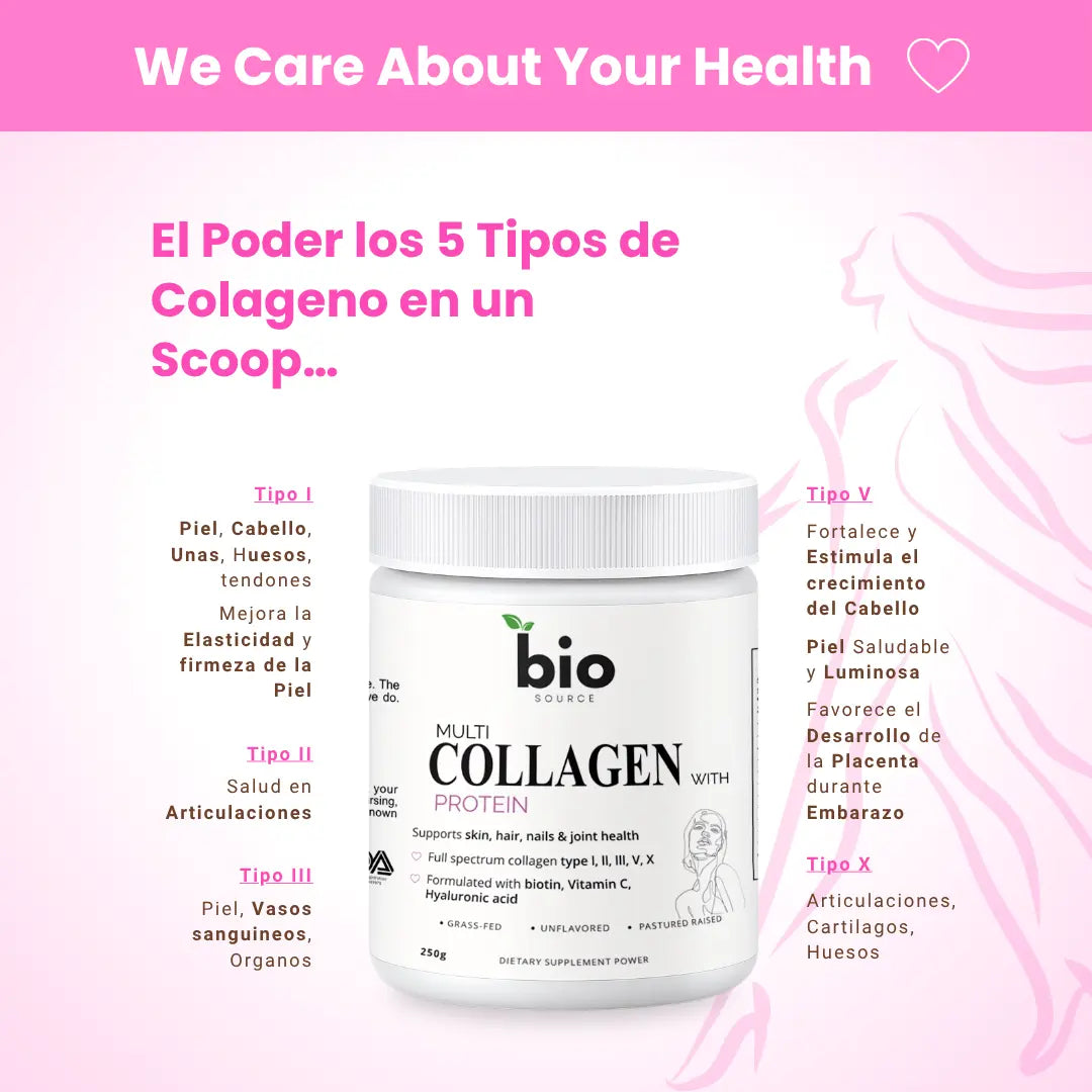 Multi Colageno I, II, III, V, X 10g Proteina en cada Scoop Formulado con Biotina, Acido Hyaluronico y Vitamina C - Bio Source