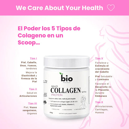Multi Colageno I, II, III, V, X 10g Proteina en cada Scoop Formulado con Biotina, Acido Hyaluronico y Vitamina C - Bio Source